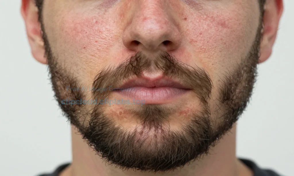 A close-up portrait of a man with a full beard, showing dry, flaky skin on his cheeks and jawline beneath the beard, with subtle redness and tightness visible; soft natural lighting, realistic skin texture, no makeup or products visible, focus on skin condition under facial hair