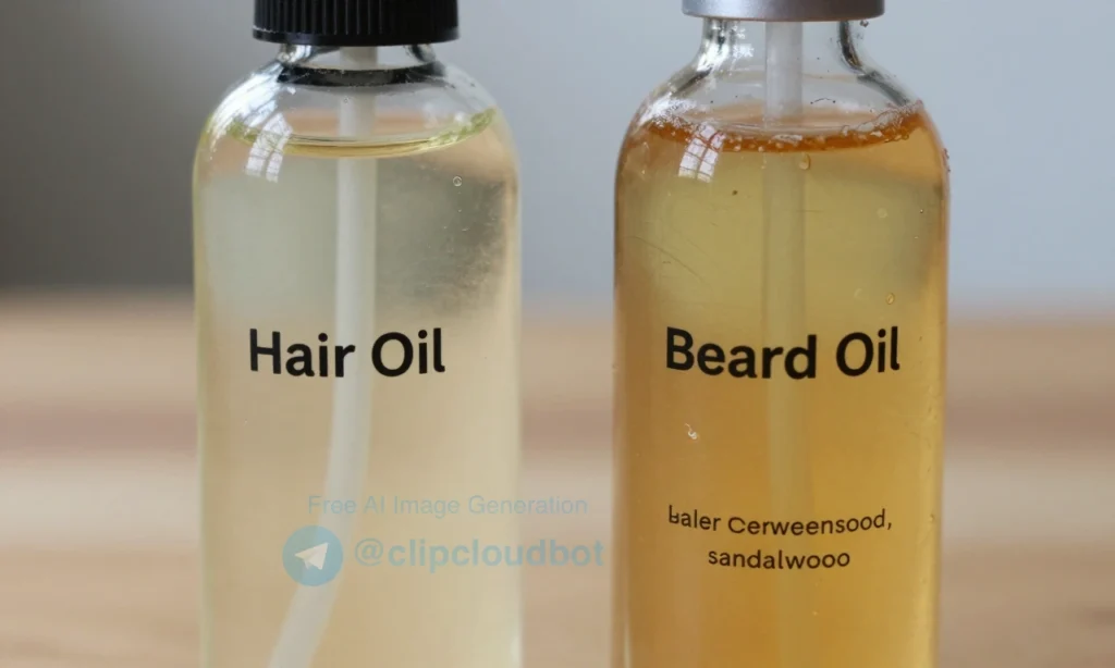 A close-up comparison of two bottles: one labeled 'Hair Oil' with a lightweight, clear liquid and botanical extracts like argan and jojoba, and another labeled 'Beard Oil' with a richer, slightly golden texture containing carrier oils like sweet almond and essential oils like cedarwood and sandalwood, placed side by side on a wooden surface with soft natural lighting, subtle beard hairs and hair strands faintly visible in the background to suggest use case, no text or labels visible on the bottl