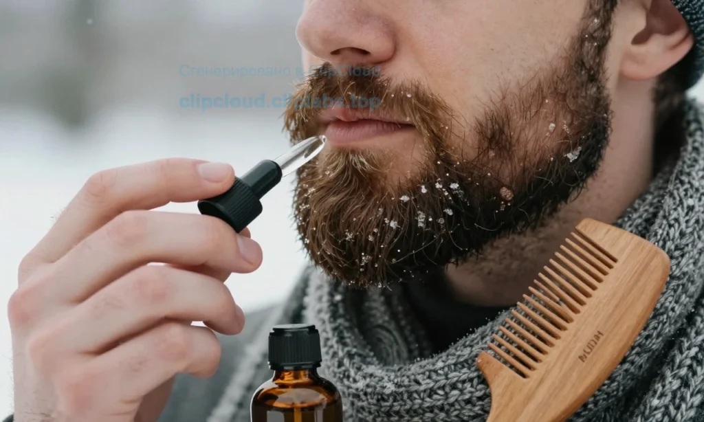 A close-up of a well-groomed beard in winter, showing healthy, moisturized facial hair with no dryness or brittleness. The beard is soft, full, and slightly glistening with natural oils, set against a blurred snowy background with faint frost on nearby surfaces. A man's hands (only visible from wrists down) are gently applying beard oil using a dropper, with a small wooden comb and a bottle of natural beard care product resting on a knitted wool scarf in the foreground. Warm, soft lighting from