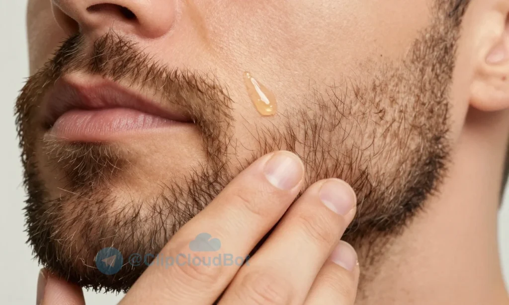 A close-up of a man's well-groomed beard with a few drops of beard oil being applied using fingertips, showing the oil being gently massaged into the facial hair and skin, soft natural lighting, high detail on hair texture and skin, no text or labels, realistic style