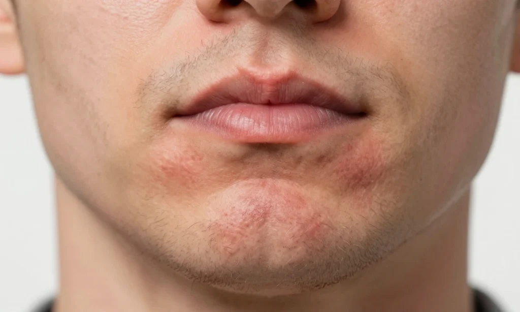 A close-up of a man's face showing the skin under the beard appearing tight, red, and slightly inflamed, with visible dryness and minor irritation, no beard hairs obscuring the skin, soft natural lighting, realistic skin texture, medical illustration style for dermatological education