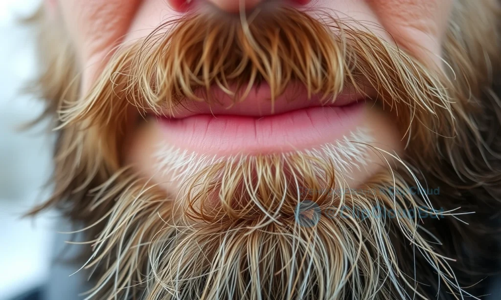 A close-up of a man's face with a full beard, showing mild skin irritation under the beard due to wind and cold, with subtle redness and dry patches visible on the skin beneath the facial hair, soft natural lighting, realistic skin texture, no visible wounds or severe inflammation, focus on the beard-skin interface