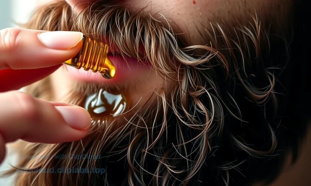 A close-up of a well-groomed beard with split ends being gently treated with natural beard oil applied by fingertips, soft morning light, no text or letters visible, focus on hair texture and care process, realistic skin and facial hair detail