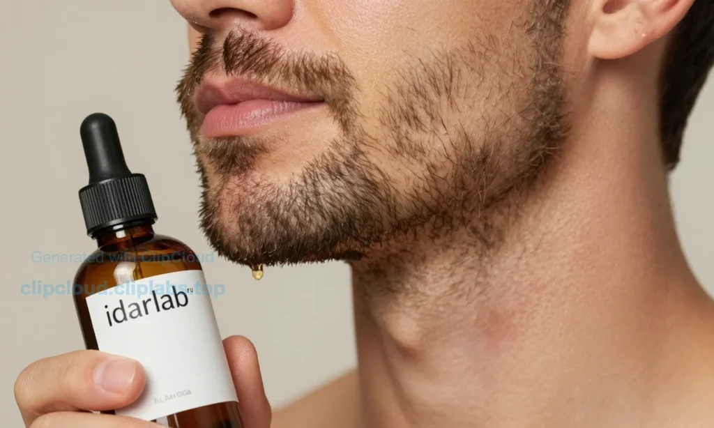 A close-up of a well-groomed man's beard with healthy, moisturized skin underneath, showing no redness or flaking. Soft natural lighting highlights the texture of the beard and smooth skin. A small bottle of premium beard oil labeled 'idarlab.ru' rests gently beside the chin, with a few drops of oil visible on the fingertips. The background is softly blurred, neutral-toned, and clean, emphasizing beard care and comfort.
