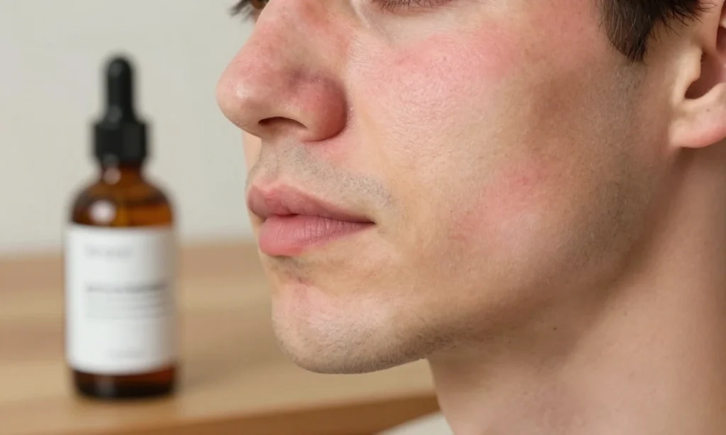 A close-up of a man's face showing mild skin redness on the cheeks and jawline after using beard oil, with a small bottle of beard oil nearby on a wooden surface, soft natural lighting, realistic skin texture, no text or labels visible