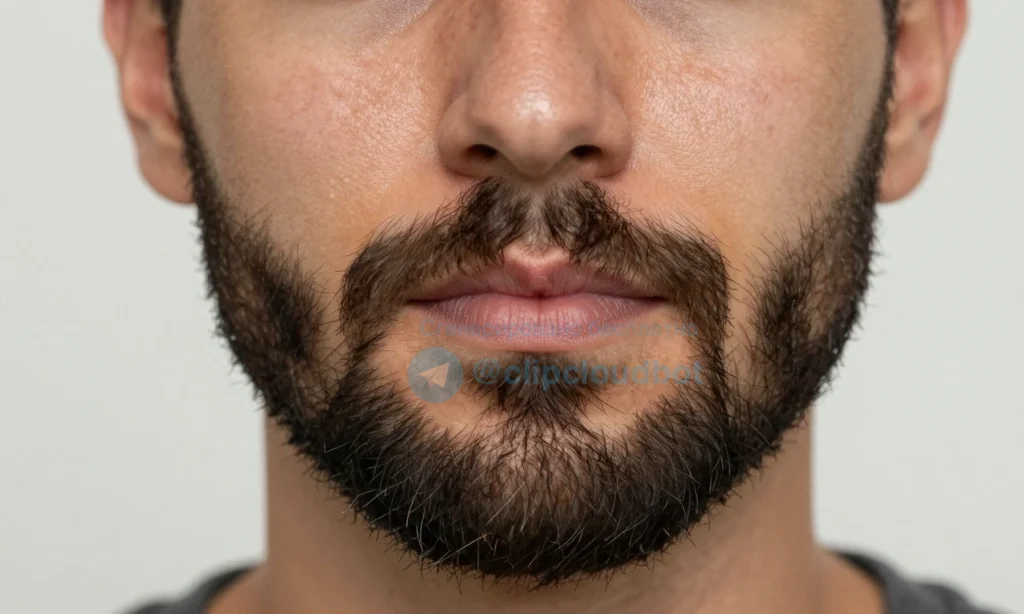 A close-up portrait of a man with oily facial skin and a thick, well-groomed beard, showing healthy skin texture with subtle shine on the cheeks and forehead, beard dense and dark, natural lighting, realistic skin pores and beard follicles visible, no makeup or artificial enhancements, focus on skin-beard interaction