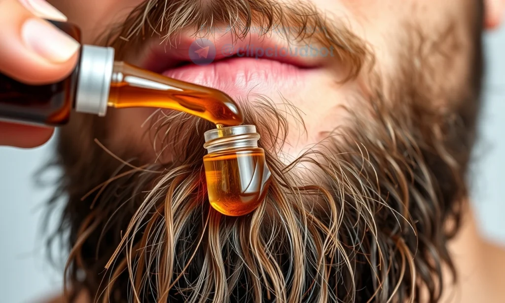 A close-up of a man's beard with natural hair oil being applied, showing healthy, moisturized facial hair strands, soft lighting, realistic texture, no text or symbols, clean background