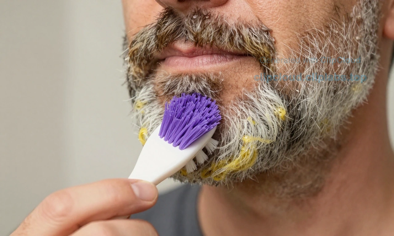 A close-up of a man's gray beard with a subtle yellowish tint, being gently treated with a natural remedy like purple shampoo or lemon juice solution applied with a soft brush, warm bathroom lighting, realistic skin and hair texture, no artificial dyes visible