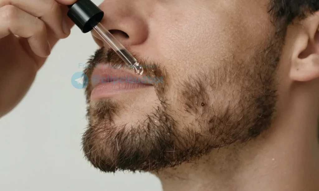 A close-up of a well-groomed man's beard with a few drops of beard oil being applied using a dropper, soft natural lighting, subtle skin texture visible, no text or labels, realistic style, focus on the beard and oil interaction