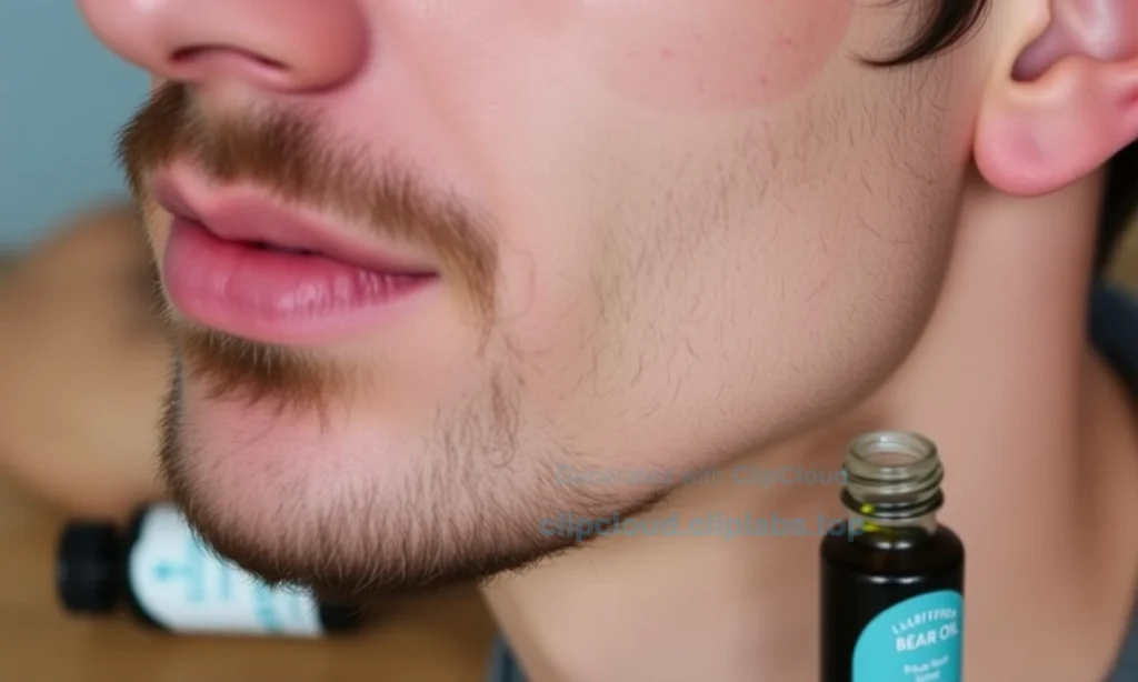 A close-up of a man's face showing mild skin redness on the cheeks and jawline after using beard oil, with a small bottle of beard oil nearby on a wooden surface, soft natural lighting, realistic skin texture, no visible text or labels