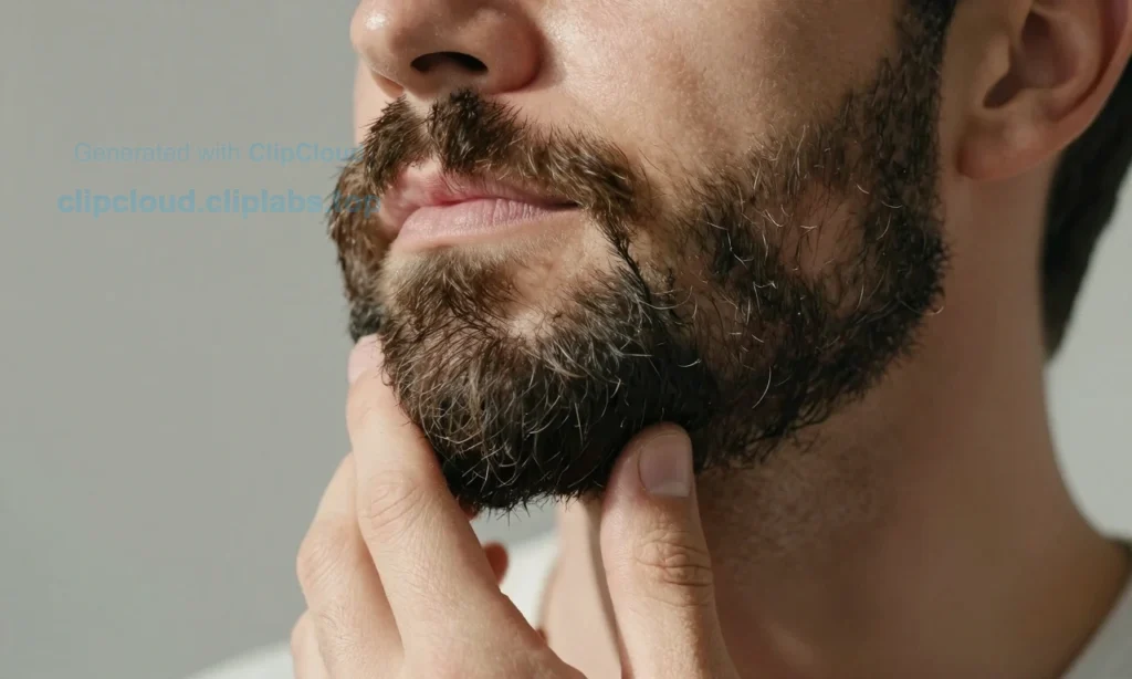 A close-up portrait of a man with a full, healthy beard, standing in natural daylight, gently touching his beard with one hand, showing care and grooming, soft skin texture, detailed facial hair, warm lighting, no text or symbols visible