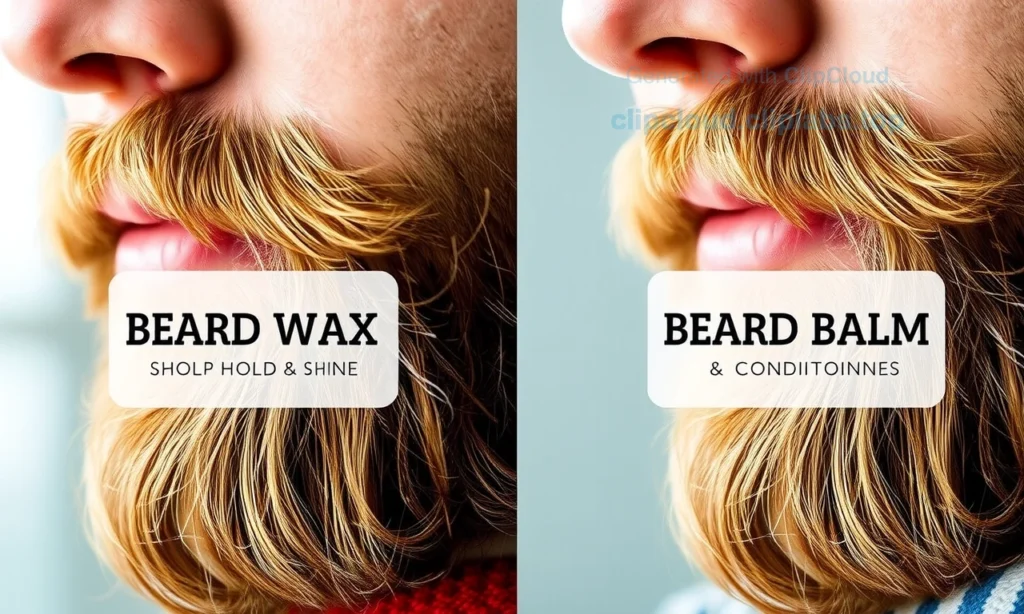 A close-up, high-quality image of a well-groomed beard with two distinct sections: one side showing beard wax applied for hold and shine, the other side showing beard balm applied for softness and conditioning. The background is softly blurred to emphasize texture and product effect. Natural daylight lighting highlights the subtle differences in finish — wax appears slightly glossy and structured, balm looks matte and nourished. No text, labels, logos, or digits visible. Pure focus on beard hair