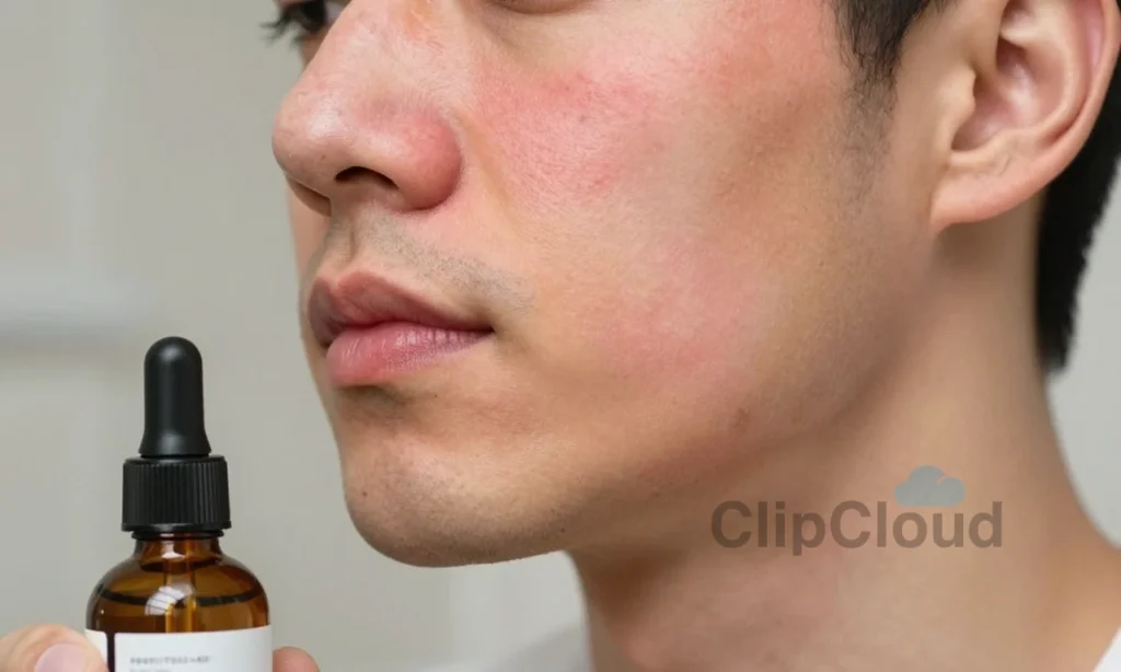 A close-up of a man's face showing mild skin redness on the cheeks and jawline after applying beard oil, with a small bottle of beard oil nearby on a bathroom counter, soft natural lighting, realistic skin texture, no visible irritation beyond redness, no rash or swelling