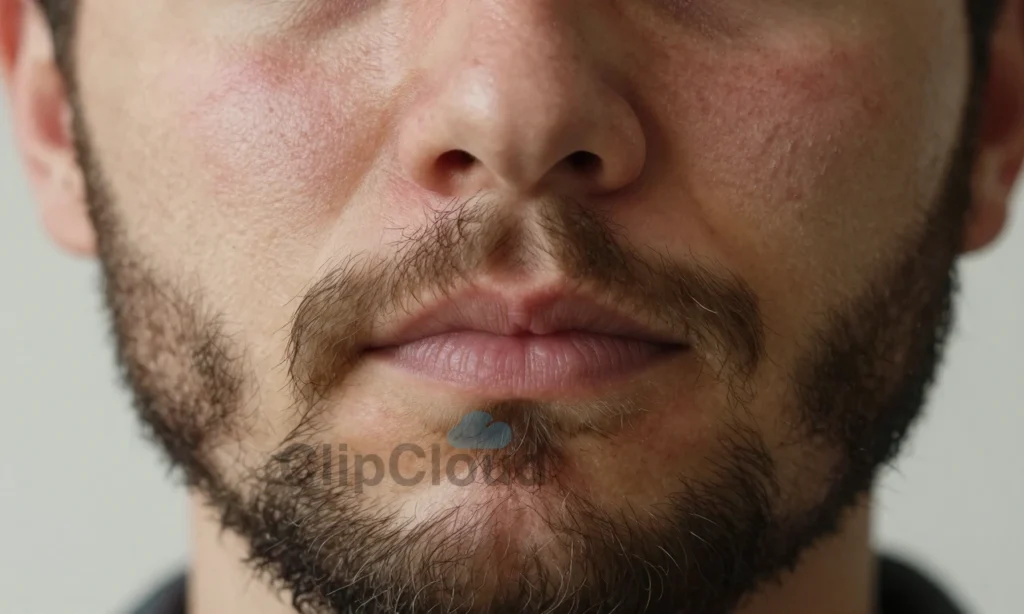 A close-up portrait of a man with a full beard, showing dry facial skin with visible flakiness and tightness around the cheeks and jawline, soft natural lighting, realistic skin texture, no makeup, no visible irritation or redness, focus on skin condition under beard hair, neutral expression, shallow depth of field, high detail, HQ-1280-720-h style
