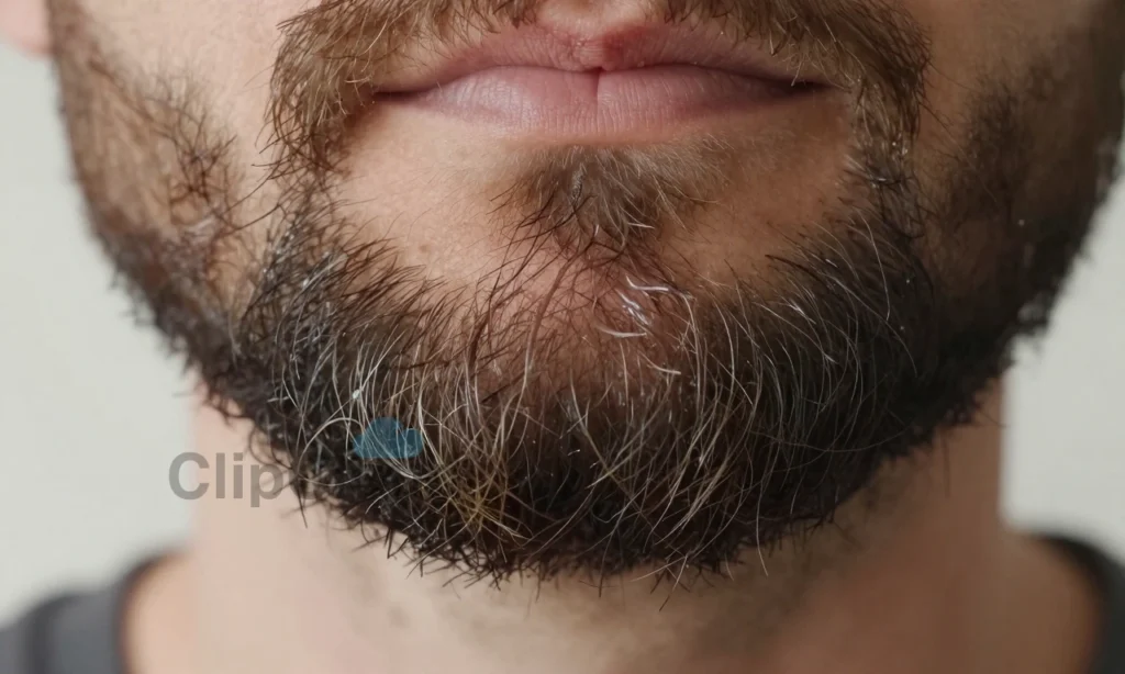 A close-up of a man's beard with oily roots and dry ends, showing visible contrast between greasy hair near the skin and brittle, frizzy tips, soft natural lighting, high detail on hair texture, no text or symbols