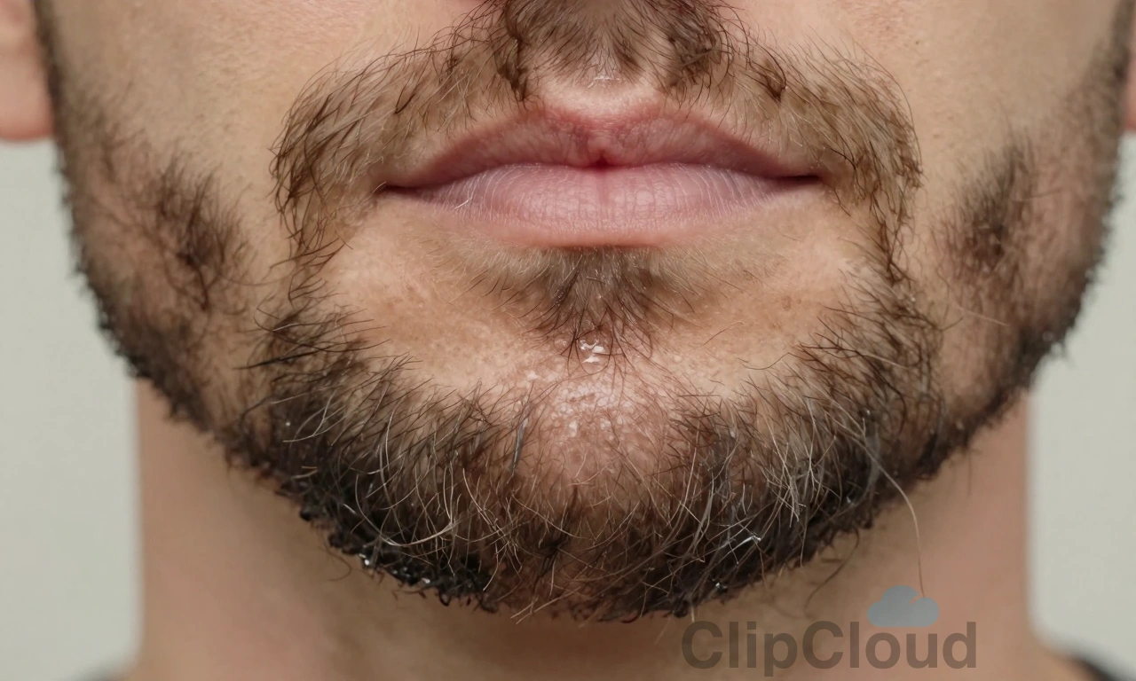 A close-up of a man's beard with visible dirt and oil residue despite recent washing, showing strands clumped together and a faint greasy sheen, soft natural lighting, realistic skin texture, no text or symbols