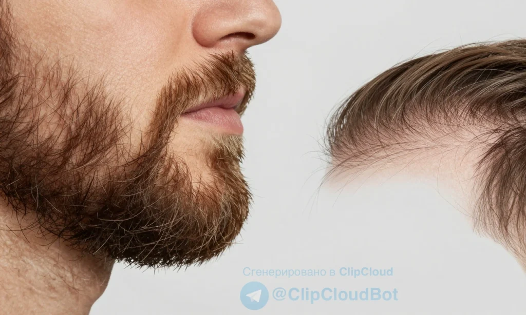 A close-up comparison of coarse beard hair and soft scalp hair under bright natural lighting, showing texture differences with beard hair appearing thicker, wiry, and more rigid, while scalp hair is finer and smoother; both strands isolated on a neutral gray background, no text, no symbols, no people, just hair strands