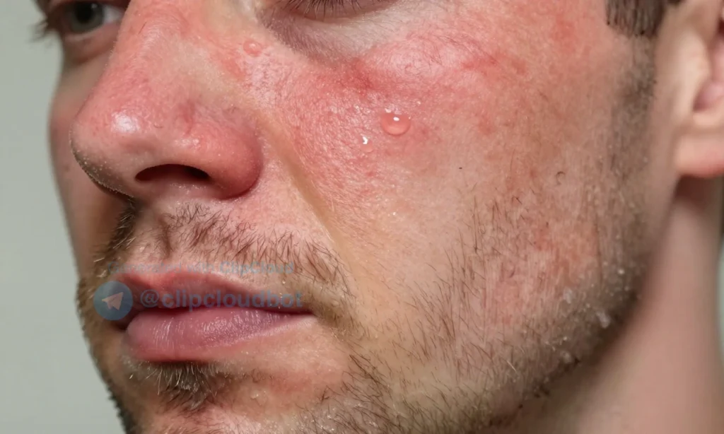 A close-up of a man's face showing red, irritated skin under a beard after washing, with water droplets and soap residue visible, emphasizing inflammation and discomfort, realistic skin texture, natural lighting, no text or symbols