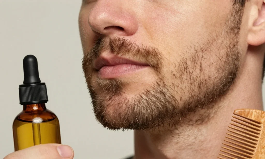 A close-up of a well-groomed short beard on a man's face, showing healthy skin underneath with no redness or irritation, soft natural lighting highlighting the texture of the beard and skin, a small bottle of beard oil and a wooden comb resting nearby on a neutral background, all elements conveying comfort and care for short beard maintenance