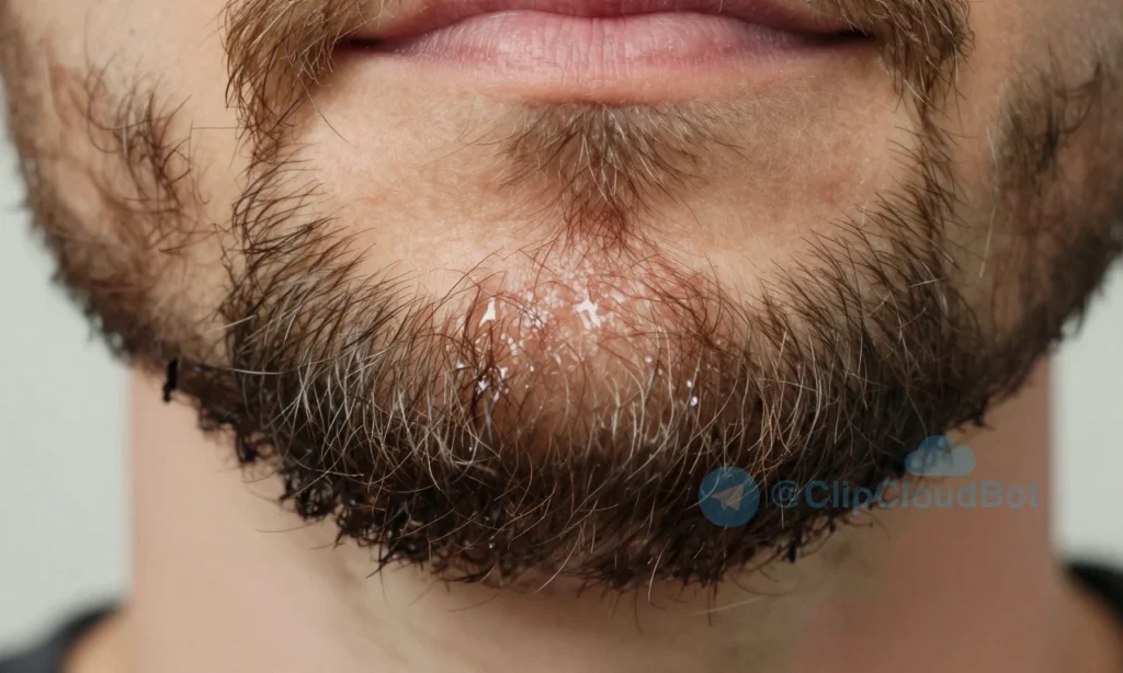 A close-up of a man's face showing a beard that is oily and greasy near the roots but dry and brittle at the ends, with visible contrast between the two textures, soft natural lighting, high detail on individual hairs, no text or symbols