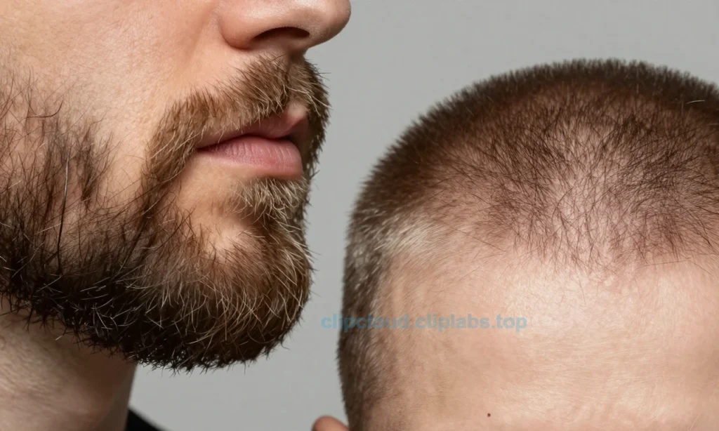 A close-up comparison of beard hair and scalp hair under magnification, showing the beard hair as thicker, coarser, and more rigid with visible cuticle scales, while scalp hair appears finer and softer; both strands are illuminated with soft studio lighting against a neutral gray background, emphasizing texture differences without any text, labels, or digits