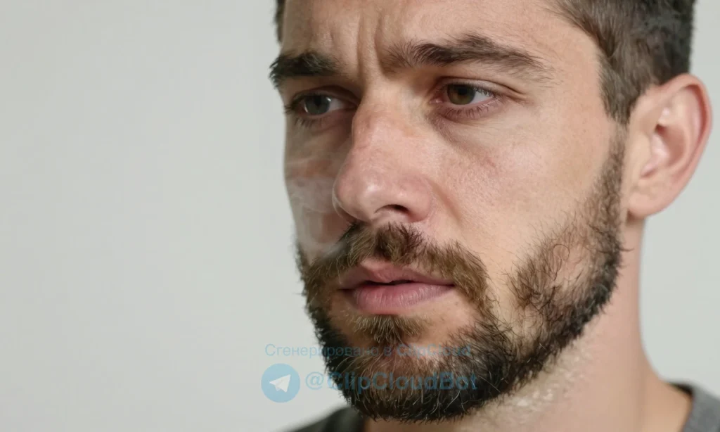 A close-up of a man's face with a well-groomed beard and mustache, showing subtle signs of odor such as faint greenish wisps or steam rising from the facial hair, set against a clean, neutral background. The man looks slightly concerned but composed, with natural skin texture and realistic lighting. No text, symbols, or labels are visible in the image.