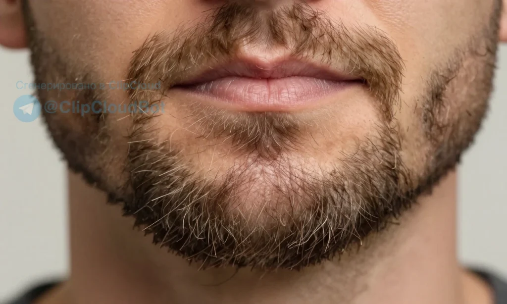 A close-up of a man's beard showing signs of brittleness and dullness: dry, split ends, lack of shine, and uneven texture, with soft natural lighting highlighting the hair's fragility against a neutral background