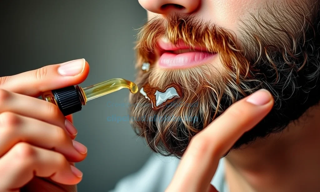 A close-up of a man's hands applying beard oil to a well-groomed beard, with droplets of oil glistening on the facial hair, a small glass bottle with a dropper nearby, soft natural lighting, realistic skin and hair texture, no text or labels visible