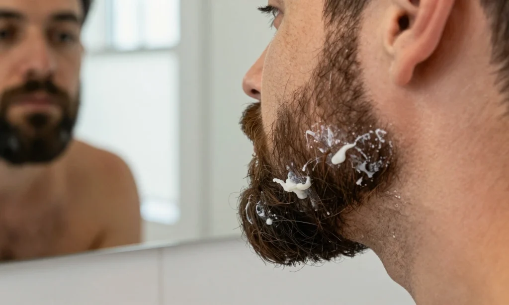 A close-up of a man's beard being styled with beard wax, showing uneven application with clumps and stray hairs, a small mirror on the bathroom sink reflecting the messy result, natural daylight from a window, realistic skin texture and facial hair detail, no text or labels visible