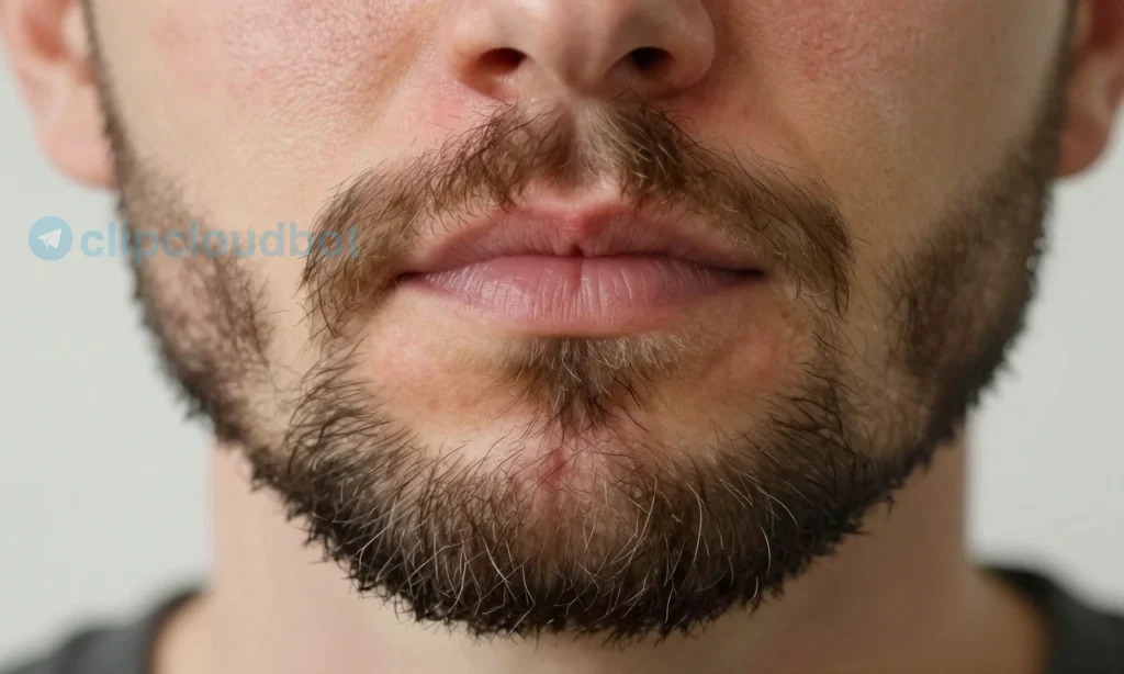 A close-up of a well-groomed beard and mustache with visible skin underneath, showing subtle signs of irritation or dryness, with soft natural lighting highlighting texture and hair follicles, no visible dirt or debris, realistic skin and hair detail, neutral background