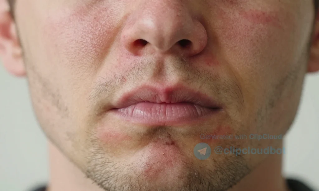 A close-up of a man's face showing tight, irritated skin under the beard with visible redness and slight flaking, emphasizing discomfort and dryness, soft natural lighting, realistic skin texture, no text or symbols