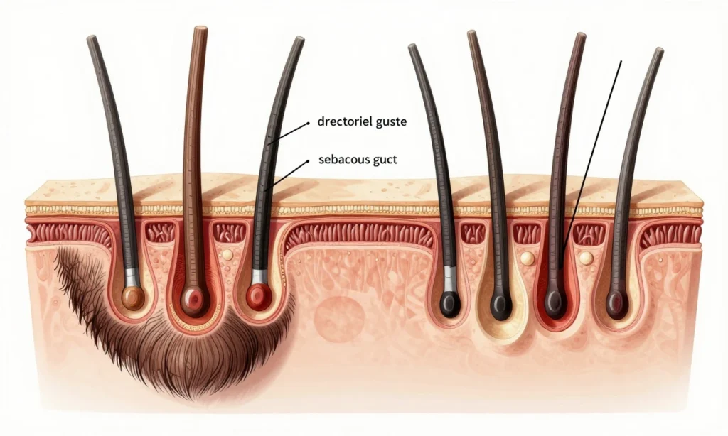 A detailed anatomical illustration comparing facial hair and scalp hair, showing cross-sections of beard and head hair follicles under magnification, highlighting differences in hair shaft thickness, cuticle layer density, and sebaceous gland activity, with labeled structures like dermal papilla, arrector pili muscle, and sebaceous ducts, set against a clean white background with soft scientific lighting, no text or numbers visible