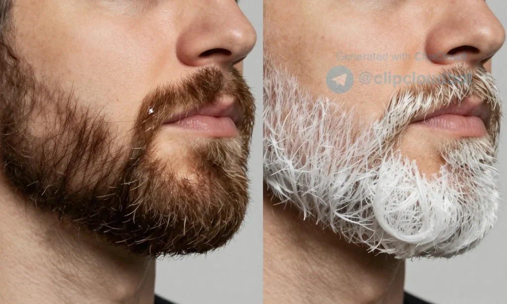 A close-up of a well-groomed beard with visible texture, showing one side treated with beard oil (glossy, slightly damp appearance, light reflecting off hairs) and the other side treated with beard wax (matte, structured, holding shape with defined strands), both sides clearly differentiated by lighting and finish, on a neutral gray background, no text, no labels, no hands or tools visible, photorealistic, high detail