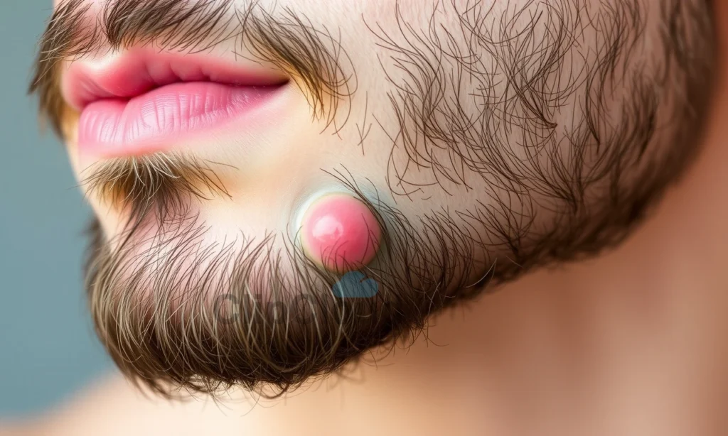 A close-up of a man's beard with visible ingrown hairs causing small red bumps and inflammation, showing skin texture and hair follicles in detail, soft natural lighting, realistic skin tones, no text or symbols