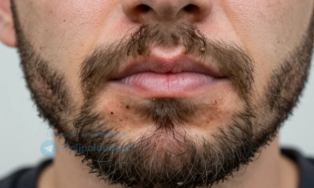 A close-up of a man's face showing a well-groomed beard and mustache with visible signs of poor hygiene — slight greasiness, trapped food particles, and mild skin irritation around the follicles, suggesting odor buildup. The lighting is soft and natural, highlighting texture and detail without harsh shadows. No text, symbols, or words appear in the image.