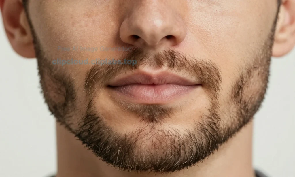 A close-up of a well-groomed man's beard and facial skin showing healthy texture with no flakes or dandruff, soft natural lighting highlighting smooth skin and beard hairs, subtle warmth in tones, realistic skin and hair detail, peaceful expression, no visible irritation or dryness