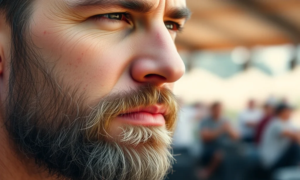 A close-up of a well-groomed beard on a man's face in hot weather, showing clean, moisturized facial hair with subtle shine, no visible sweat or odor indicators, soft natural lighting, realistic skin texture, and a calm, confident expression; background blurred to suggest outdoor summer setting
