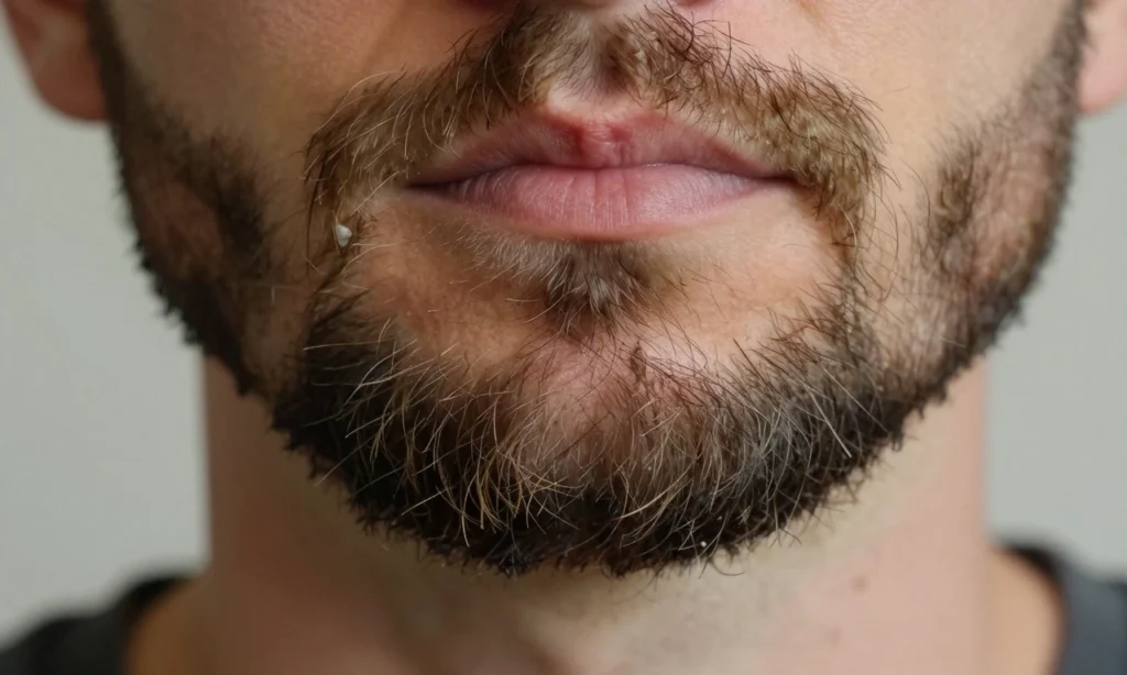 A close-up of a man's beard with dry, split ends on the tips, while the skin underneath appears healthy and normal — no redness, flaking, or irritation. The beard hairs are slightly frayed at the ends, showing lack of moisture, with soft natural lighting highlighting the texture. Background is blurred and neutral, focusing attention on the beard detail.