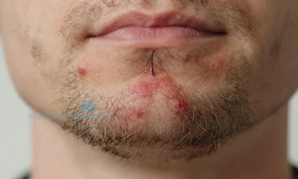 A close-up of a man's beard showing ingrown hairs causing small red bumps and inflammation, with visible skin irritation and hair curling back into the follicle, soft natural lighting, high detail, medical illustration style