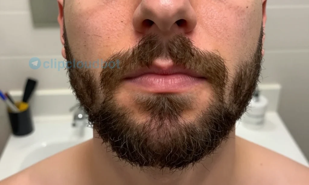 A close-up of a man's face with a thick, well-groomed beard after shaving, showing natural regrowth with healthy follicles, soft lighting highlighting texture and density, no visible irritation or patchiness, realistic skin and hair detail, subtle background of a bathroom sink with grooming tools nearby