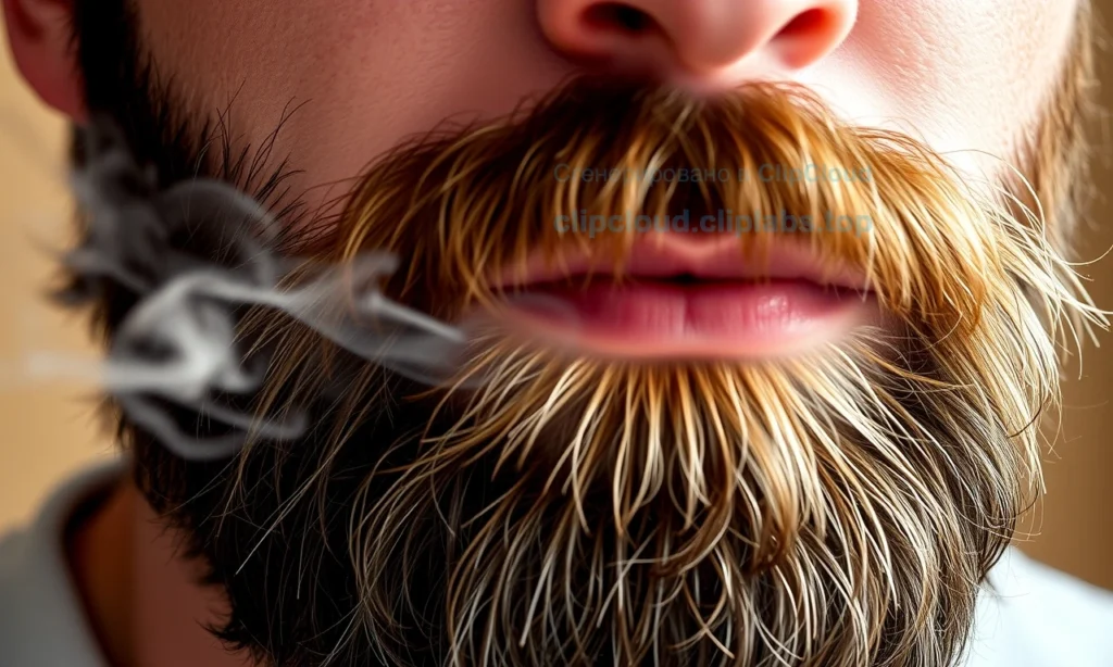 A close-up of a well-groomed beard with visible strands of hair, showing a clean, fresh appearance after removing tobacco odor — soft natural lighting, subtle steam or mist suggesting freshness, no smoke, no cigarettes, no ashtrays, no text or letters, realistic skin and hair texture, warm neutral background