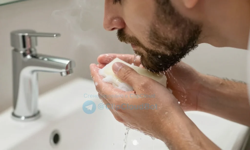 A close-up of a man's beard being gently washed with warm water and natural soap in a modern bathroom sink, showing the removal of beard wax residue with clean hands, steam rising slightly, soft natural lighting, no visible wax flakes or residue left on the beard, focus on clean, smooth facial hair after washing