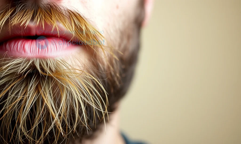 A close-up of a man's beard with visible tobacco smoke residue, showing strands of facial hair with faint yellowish discoloration, set against a soft neutral background, natural lighting, realistic texture, no text or symbols