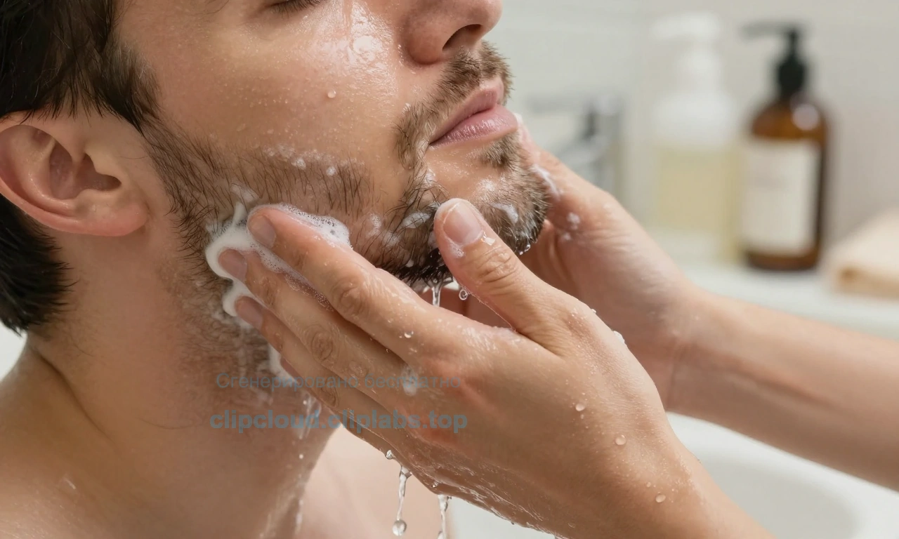 A close-up of a man's beard being gently washed with warm water and a mild cleanser, hands massaging the beard to remove wax residue, droplets of water and wax being rinsed away, clean and shiny facial hair, soft natural lighting, bathroom sink background with a towel and beard care products nearby