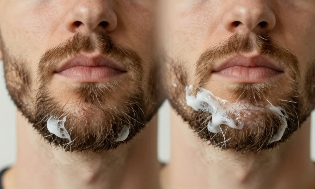 A close-up of a well-groomed beard with two distinct sections: one side showing a light application of beard wax for hold and shine, the other side showing beard balm for moisture and softness, both applied naturally without visible residue or clumping, soft natural lighting, shallow depth of field, focus on texture and hair detail
