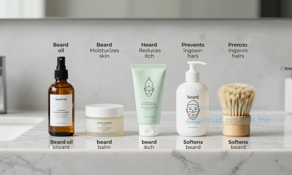A clean, well-lit bathroom countertop displaying a comparison table of popular beard care products: beard oil, beard balm, beard wash, and beard brush. Each product is labeled with its name and key benefits (e.g., 'Moisturizes skin', 'Reduces itch', 'Prevents ingrown hairs', 'Softens beard'). The table is simple and modern, with icons representing skin health benefits. No text is visible on the products or table — only visual icons and minimalistic labels. The background is neutral gray marble.