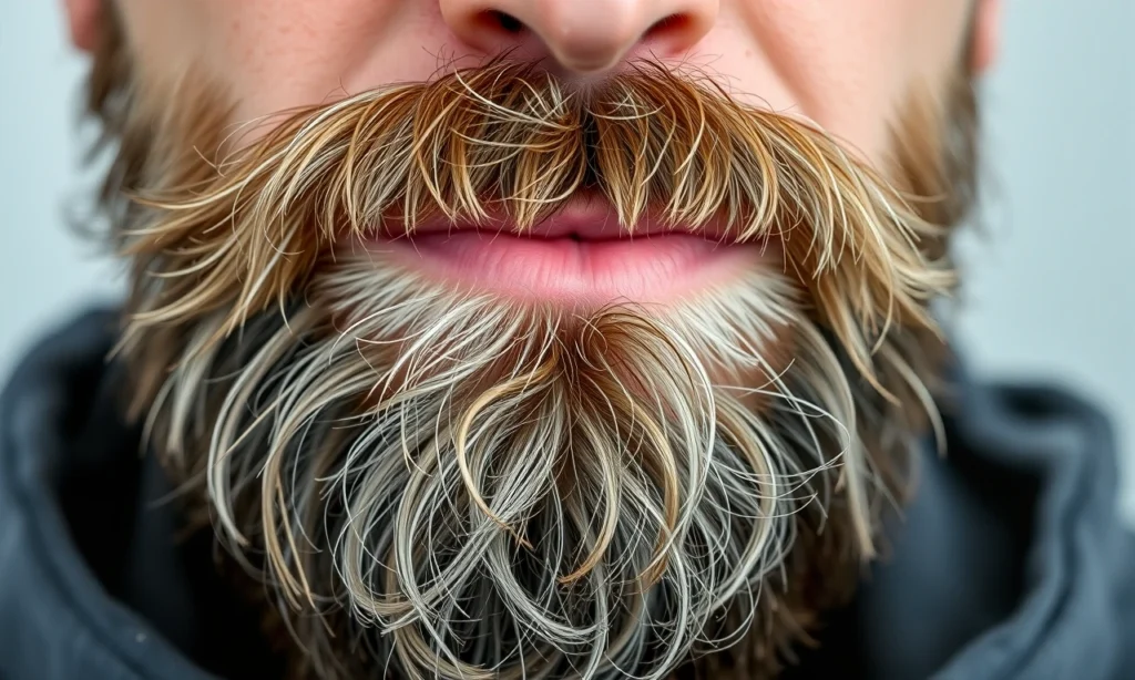 A close-up of a man's beard showing signs of dryness, brittleness, and dullness — split ends, rough texture, and lack of shine — set against a soft, neutral background with gentle lighting to emphasize the hair condition, no text, no letters, no digits, no facial features beyond the beard area