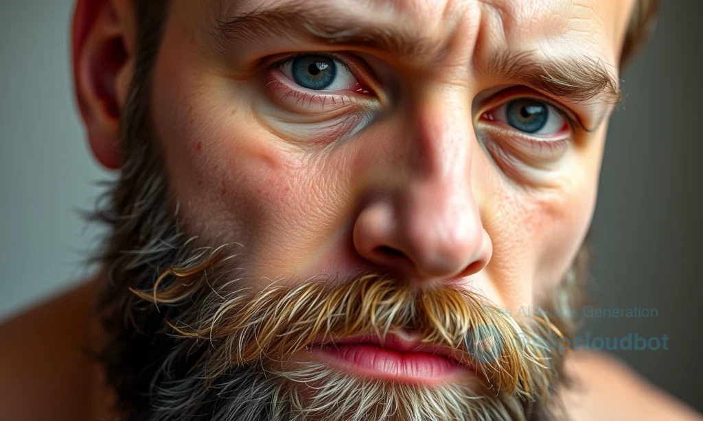 A close-up portrait of a man with a full beard, showing dry facial skin with visible flakiness and tightness around the cheeks and jawline, soft natural lighting, realistic skin texture, no makeup or products visible, focus on skin condition under facial hair, neutral expression, shallow depth of background