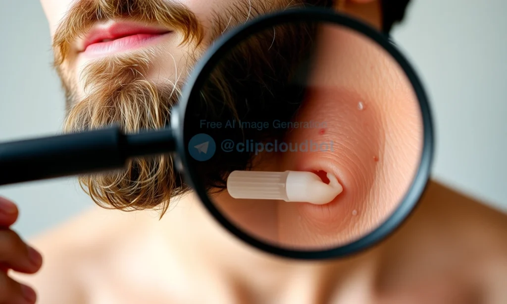 A close-up portrait of a man with a full beard, showing dry facial skin with visible flakiness and tightness around the jawline and cheeks, soft natural lighting, dermatologist’s magnifying glass hovering slightly above the skin to highlight texture, subtle redness and irritation, no text, no logos, no products visible, realistic skin detail, high resolution