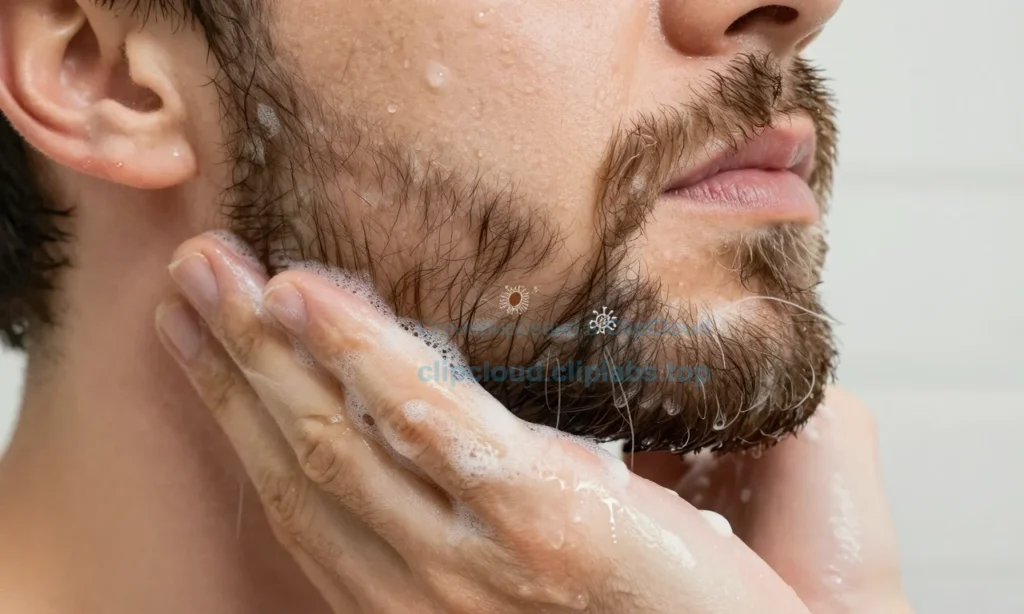 A close-up of a man's beard being washed with shampoo in a bathroom sink, showing water droplets and foam, with subtle visual cues like faint odor lines or small bacteria icons near the hair follicles to imply lingering smell despite cleaning, soft natural lighting, realistic skin and hair texture